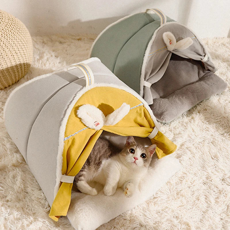 top image of two colors Winter Warm Cat House with Curtain