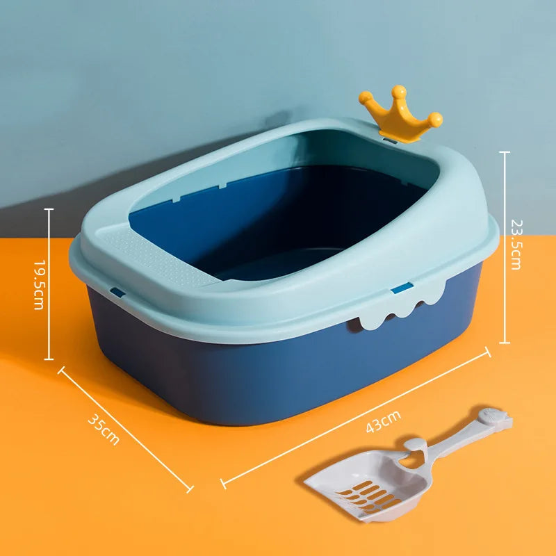 Small Size Blue Color Crown Design Cat Litter Box Side Image Showing Dimensions