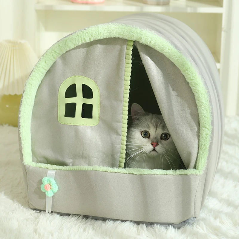 Cozy Enclosed Pet House Front Image with Cat Inside