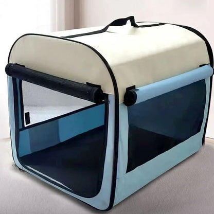 side image of white and blue color Waterproof Travel Pet Carrier With Rolling Door