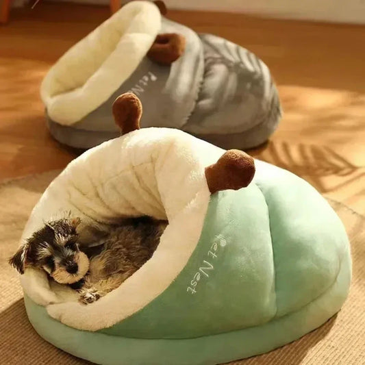 front image of two different color Soft Slipper Pet House with a dog sleeping inside 