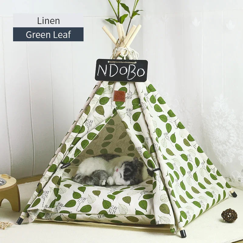 Green Leaf Canvas Fabric Pet Tent with Name Badge Front Image