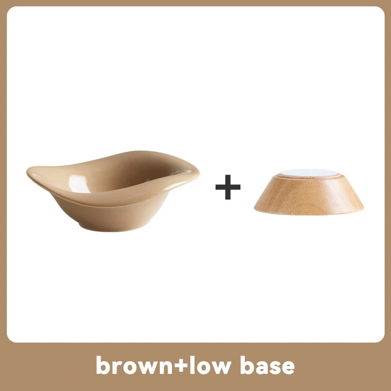 image of brown color Wooden Tilted Raised Cat Bowl with low base