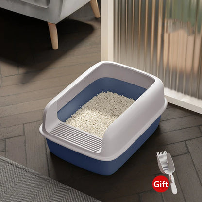 Blue Color Semi-Enclosed Cat Litter Box with Free Shovel Gift