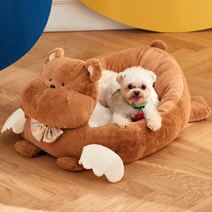 Top Image of Bear Style Pet Bed with Dog Lying on Top