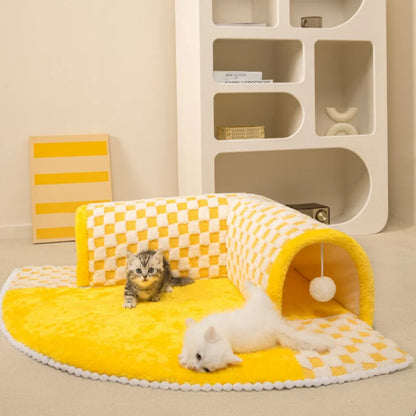 Yellow Color Detachable Cat Tunnel Carpet with Teaser Balls Side Image