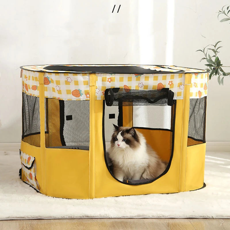 front image of yellow color Enclosed Folding Pet Bed Basket with cat inside