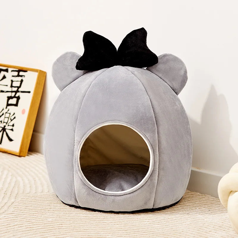 Grey Color Cute Bow Tie Cat House Front Image