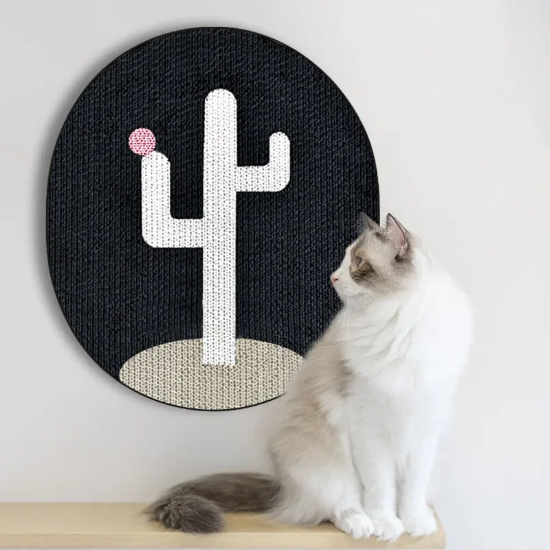 White Color Cactus Hanging Cat Scratching Mat with Cat Sitting Beside