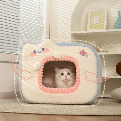 front image of blue color Cubic Warm Cat House with cat inside