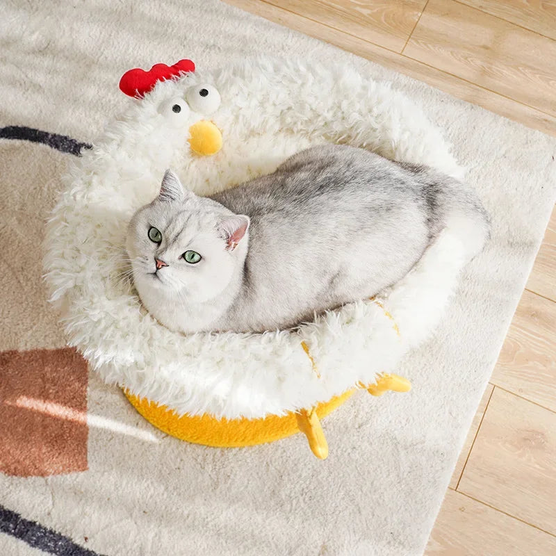 top image of cat lying on Fleece Chicken Cute Cat Bed with Scratching Post