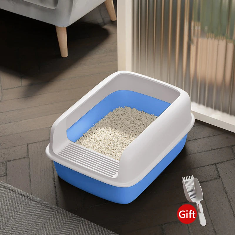 Blue and White Color Semi-Enclosed Cat Litter Box with Free Shovel Gift