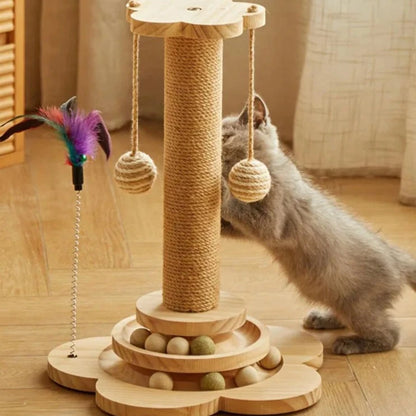 Cat Scratching Post with Feather Teasing Stick Front Image with Cat Playing