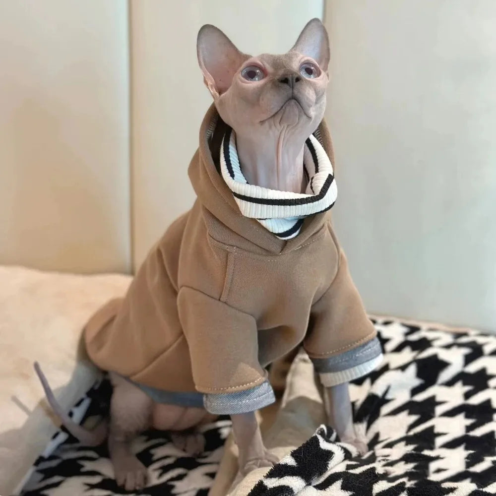 image of cat wearing khaki color Warm Long Sleeve Cat Hoodies Suit