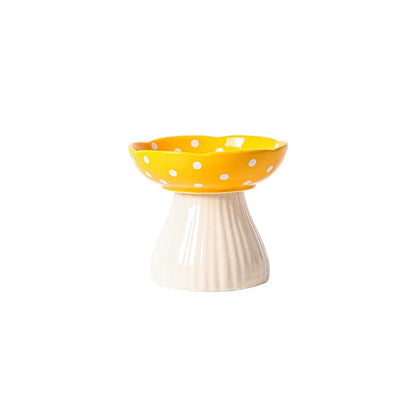 front image of yellow color Mushroom Ceramic Elevated Cat Bowl