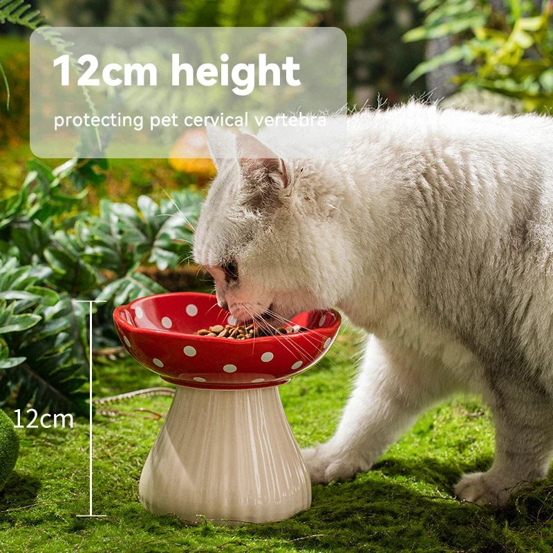 side image of red color Mushroom Ceramic Elevated Cat Bowl with height