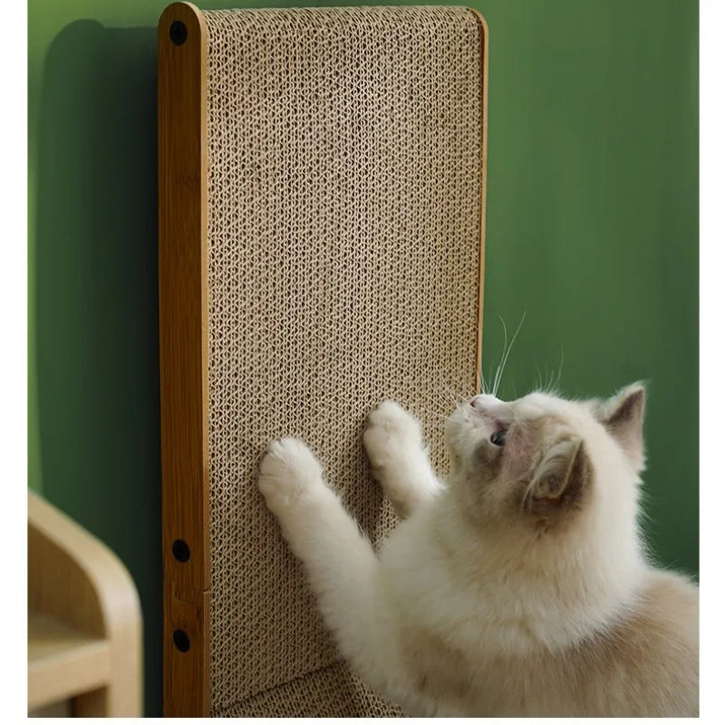 close up side image showing cat playing L-Shaped Cat Scratching Board