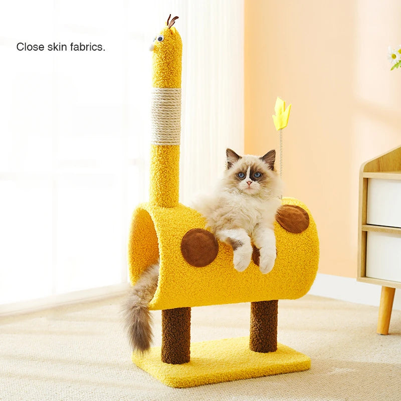 front image of cat sitting in a yellow color Cartoon Series Cat Climbing Frame with Sisal Scratch Post 