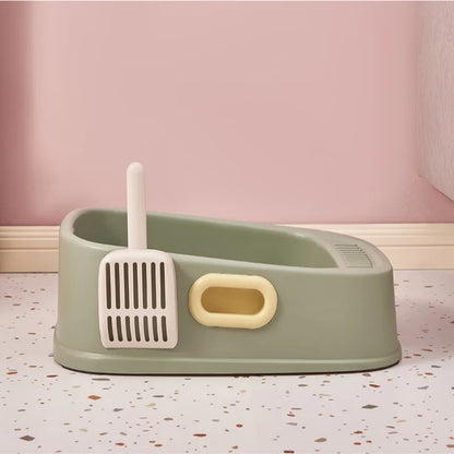 Green Color Minimalism Semi-Enclosed Cat Litter box with Shovel Side Image