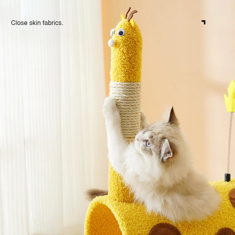 close up image of cat scratching the yellow color  Cartoon Series Cat Climbing Frame with Sisal Scratch Post