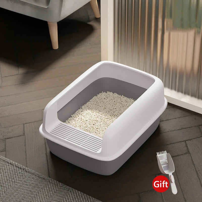 Grey and White Color Semi-Enclosed Cat Litter Box with Free Shovel Gift