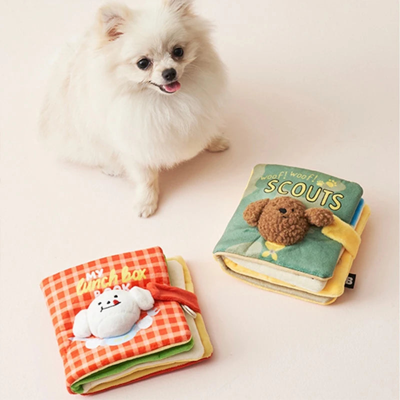 top front image of dog with two different Snuffle Book Interactive Dog Toy