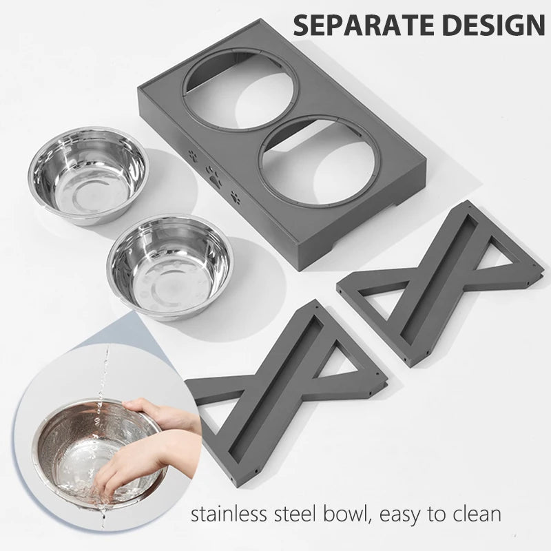 dual Stainless Steel Pet Bowl with Adjustable Stand image showing detached parts