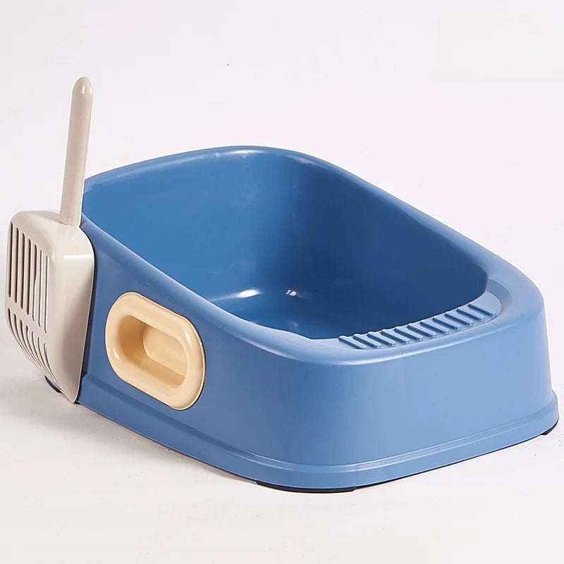 Blue Color Minimalism Semi-Enclosed Cat Litter box with Shovel Front Image