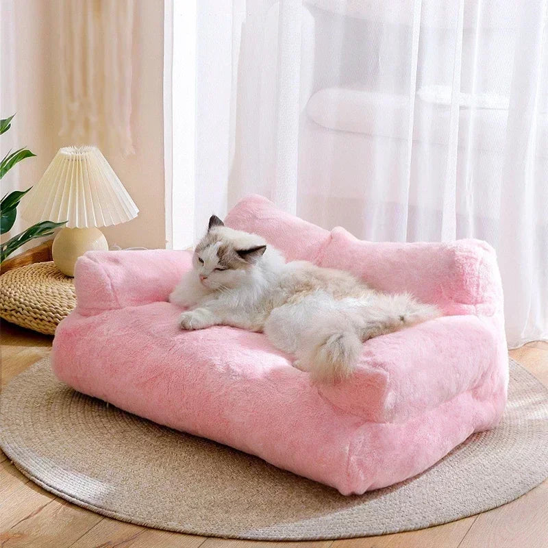 Pink Color Detachable Plush Pet Sofa with Cat Resting on It