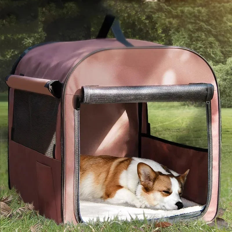 front image of Waterproof Travel Pet Carrier With Rolling Door with dog sleeping inside