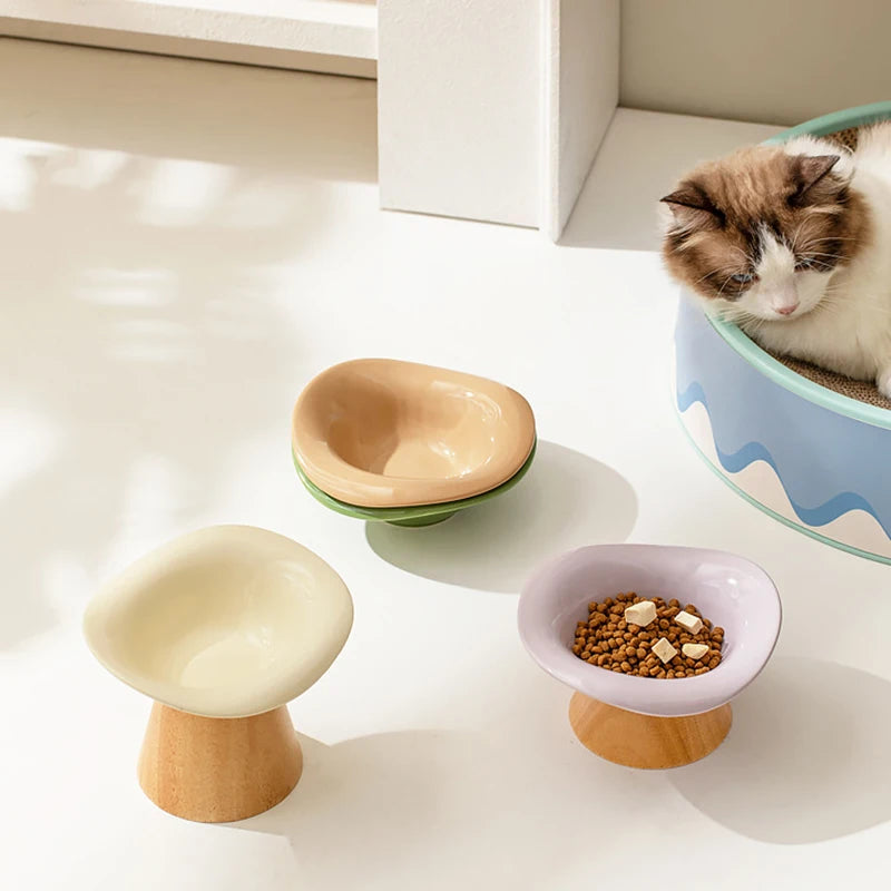 top image of three different colors Wooden Tilted Raised Cat Bowl 