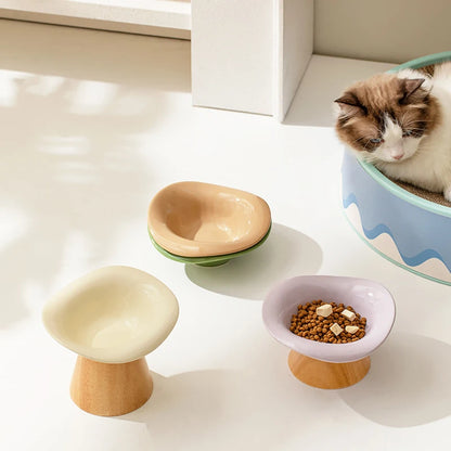 top image of three different colors Wooden Tilted Raised Cat Bowl 