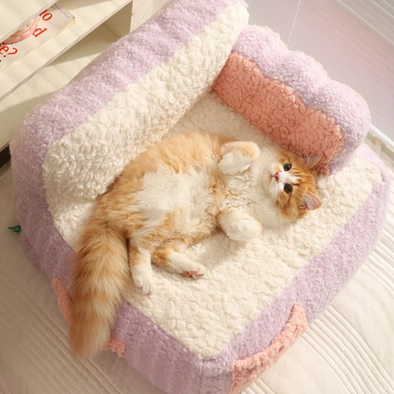 top image of purple color Cake Sofa Cat Bed with cat lying on it