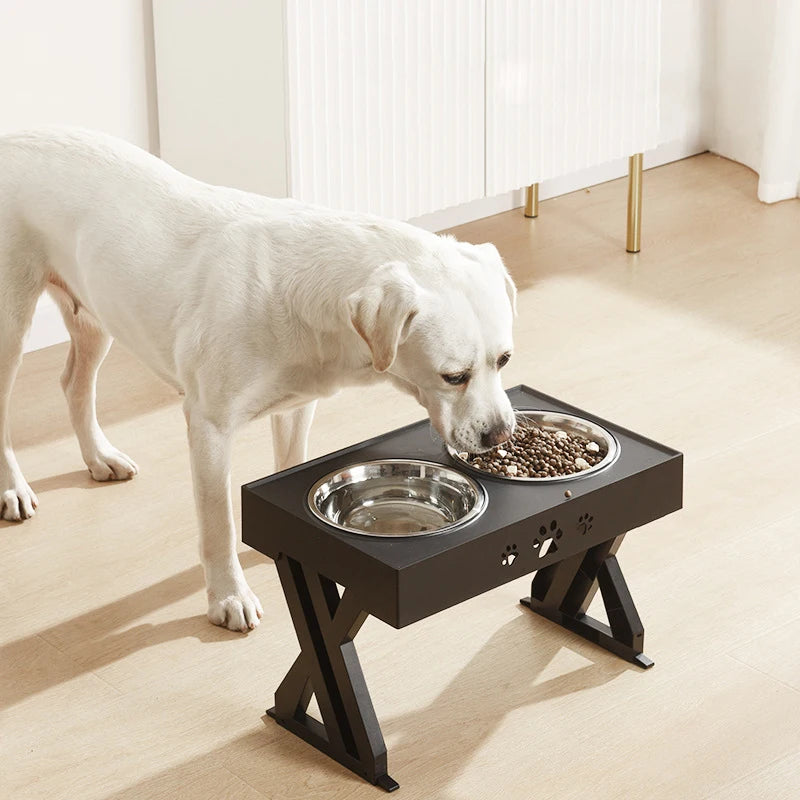 dual Stainless Steel Pet Bowl with Adjustable Stand Side Photo with dog eating