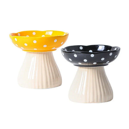 front image of yellow and black color Mushroom Ceramic Elevated Cat Bowls