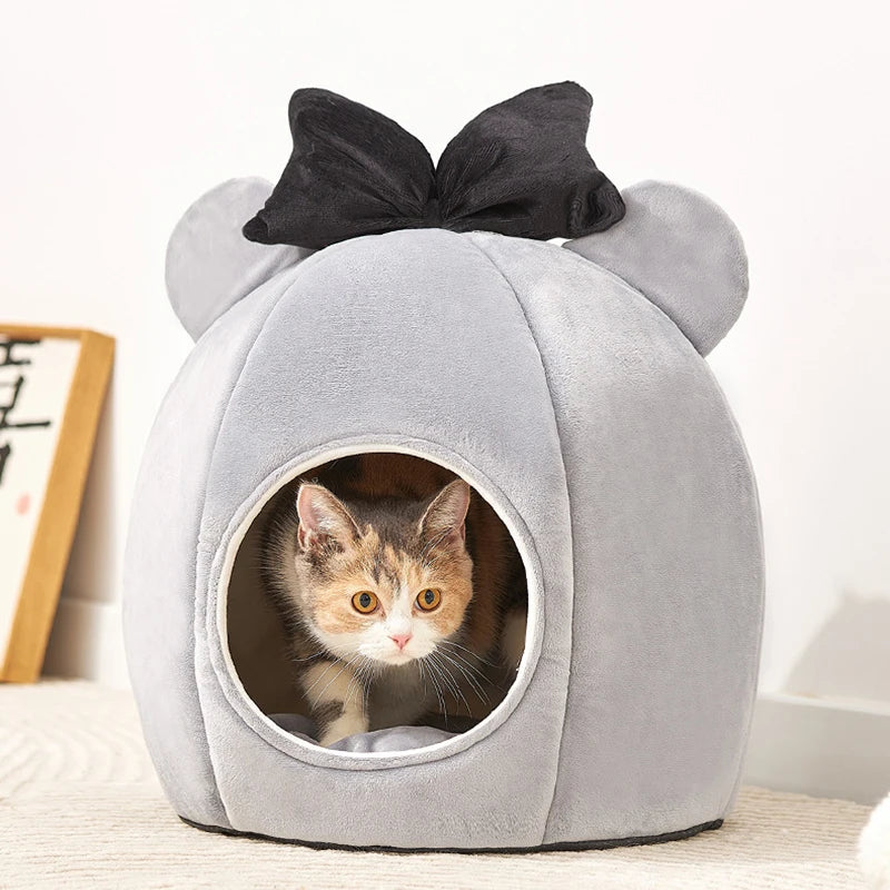 Grey Color Cute Bow Tie Cat House Front Image with Cat Inside