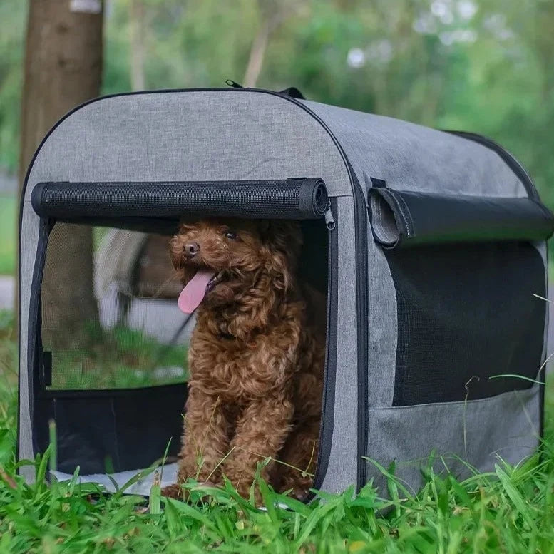 front image of grey color Waterproof Travel Pet Carrier With Rolling Door with dog inside