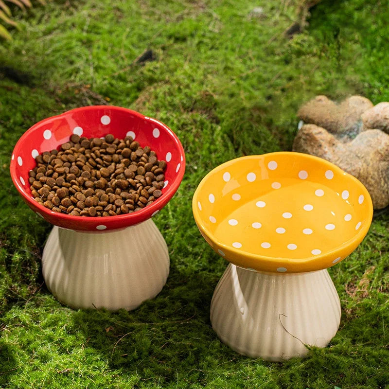 top image of red and yellow colors Mushroom Ceramic Elevated Cat Bowls