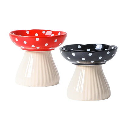 front image of red and black color Mushroom Ceramic Elevated Cat Bowls