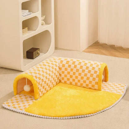 Yellow Color Detachable Cat Tunnel Carpet with Teaser Balls Front Image