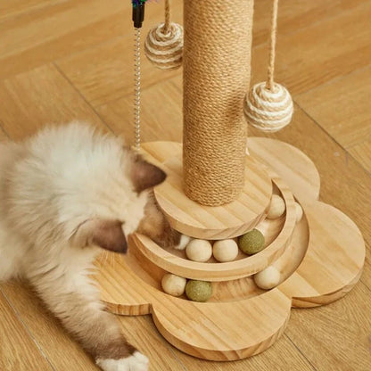 Cat Scratching Post with Feather Teasing Stick Top Image with Cat Playing