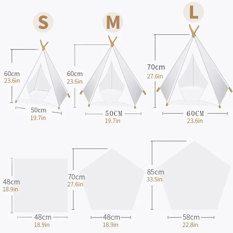 Canvas Fabric Pet Tent with Name Badge Showing Different Sizes