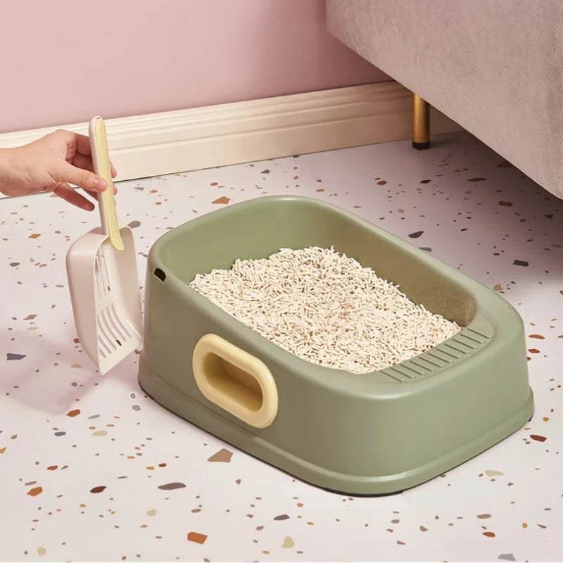 Green Color Minimalism Semi-Enclosed Cat Litter box with Shovel Top Image