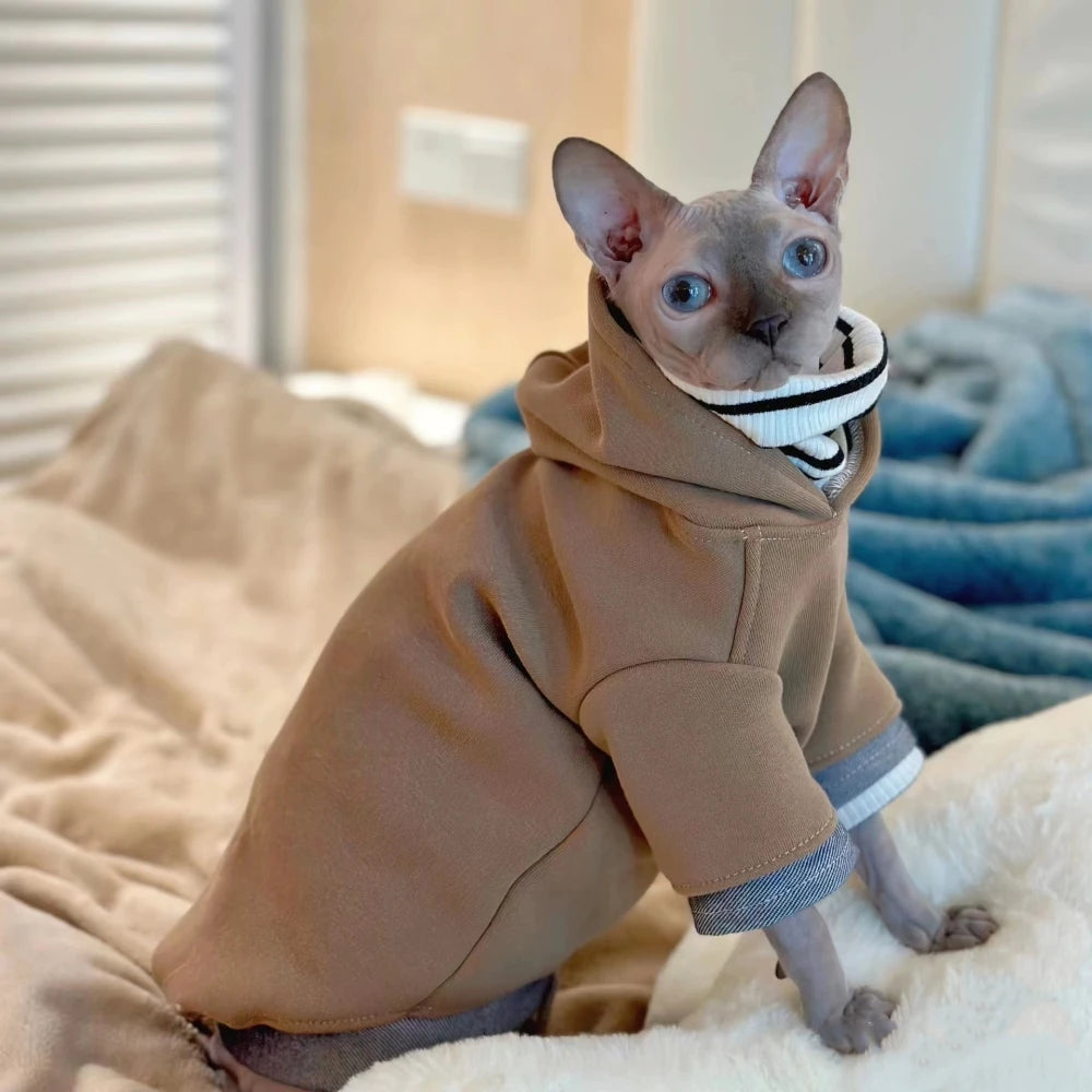 side image of cat wearing khaki color Warm Long Sleeve Cat Hoodies Suit