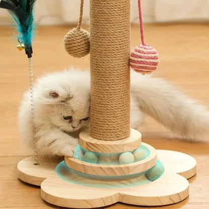 Cat Scratching Post with Feather Teasing Stick Close Up Image with Cat Playing Balls