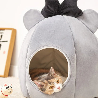 Grey Color Cute Bow Tie Cat House Close Up Image with Cat Inside