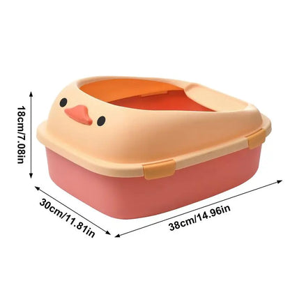 front image of yellow and pink color Duck-Style Cat Litter Box with dimensions