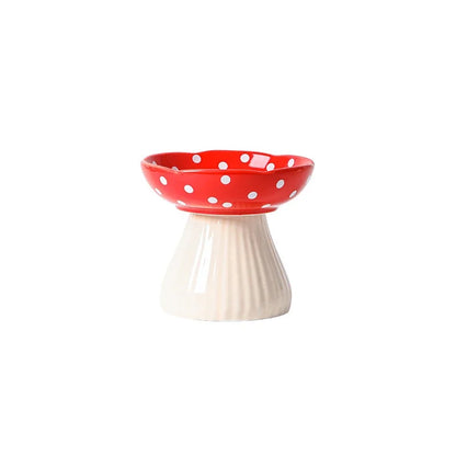 front image of red color Mushroom Ceramic Elevated Cat Bowl