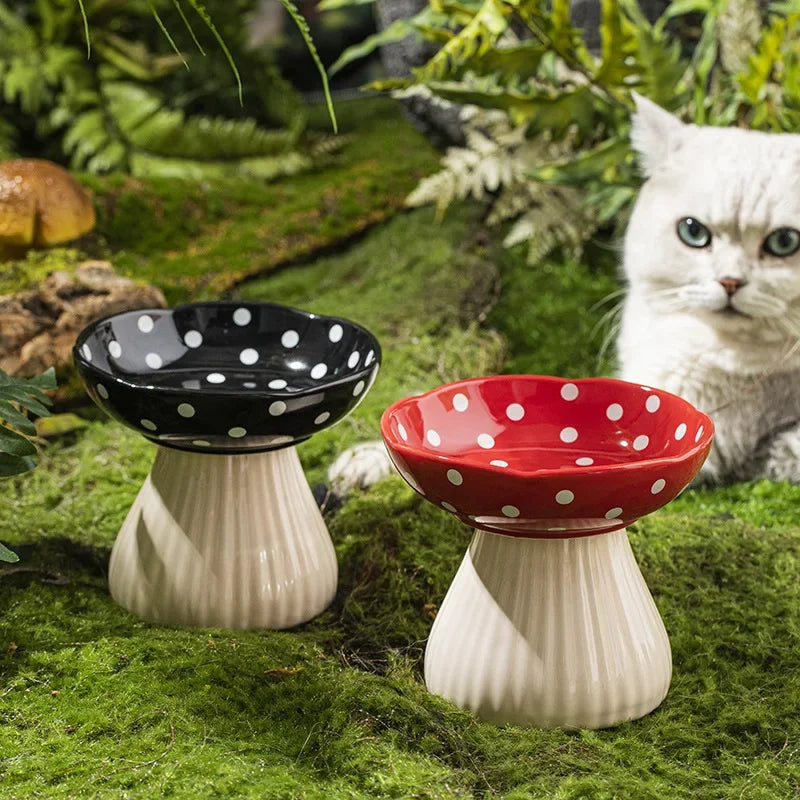 front image of black and red colors Mushroom Ceramic Elevated Cat Bowls