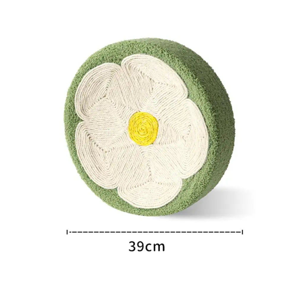 front image of green side white flower Cute Cat Bed with Sisal Scratching Surface with dimensisons